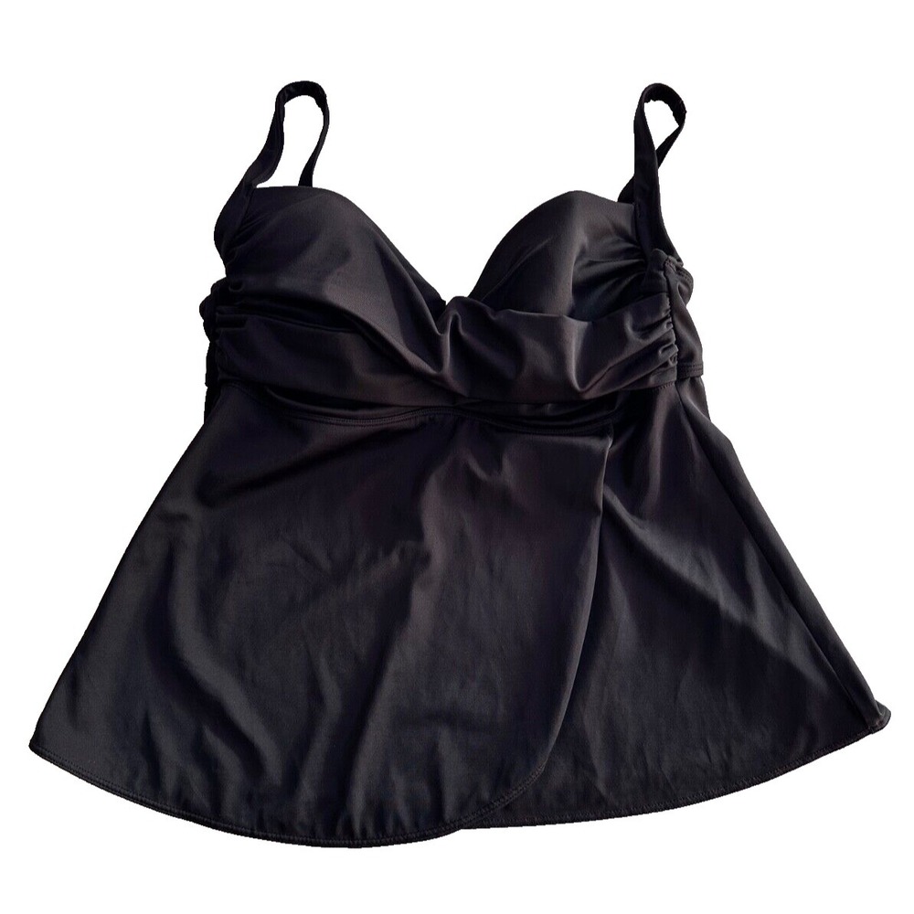 Tankini Swim Top L 12 Black Twist Wrap Underwire Full Coverage Support Stretch